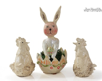 Trio de Pâques - un lapin et deux girolles - lot de 3 figurines en céramique de la collection « Parallel World » par Cela37, wielkanoc