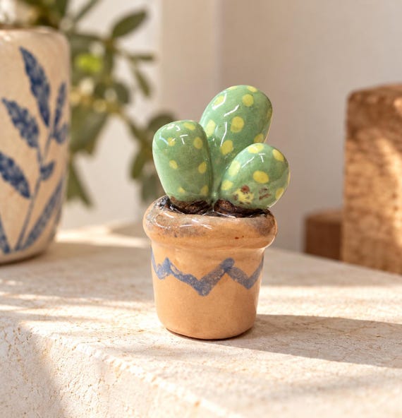 Handmade ceramic mini cactus, decorative succulent in a pot, small handcrafted sculpture, original gift