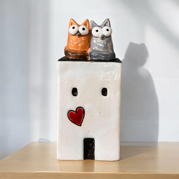 Ceramic Sculpture with Cats - House with Heart, Unique Design