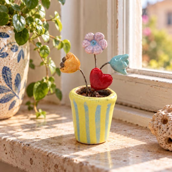 Ceramic vase with flowers and a heart – Handmade miniature – Romantic decoration – Small gift idea