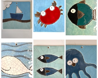 Sea theme tile/tile. Octopus, crab, fish, whale