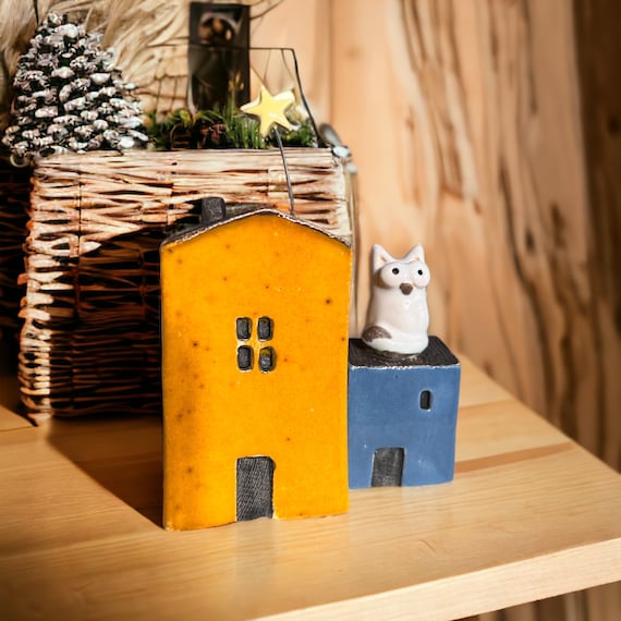 Set of 2 houses Yellow house with ceramic star and blue house with white cat. Gift ceramic house ornament home garden