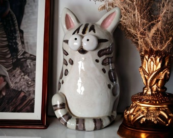 Sculpture Cat L in ceramic/cat flowers/animals handmade in Italy