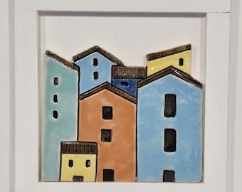 Quadro paesaggio case in ceramica artijanas