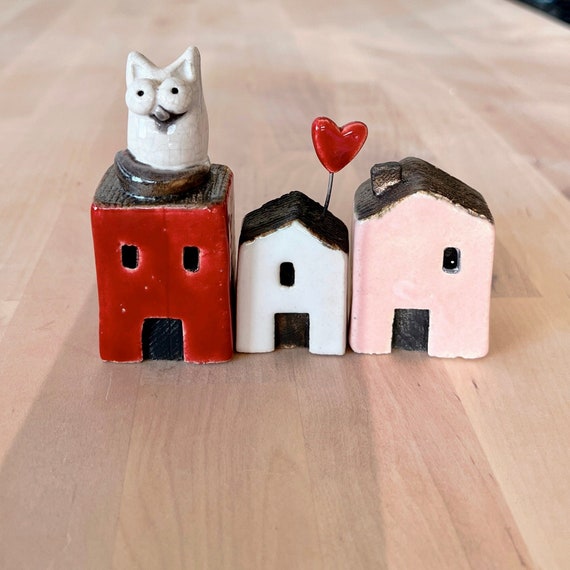 Set of ceramic cat-themed houses