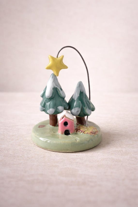 Small handmade ceramic landscape – Cottage in the woods with trees and a star