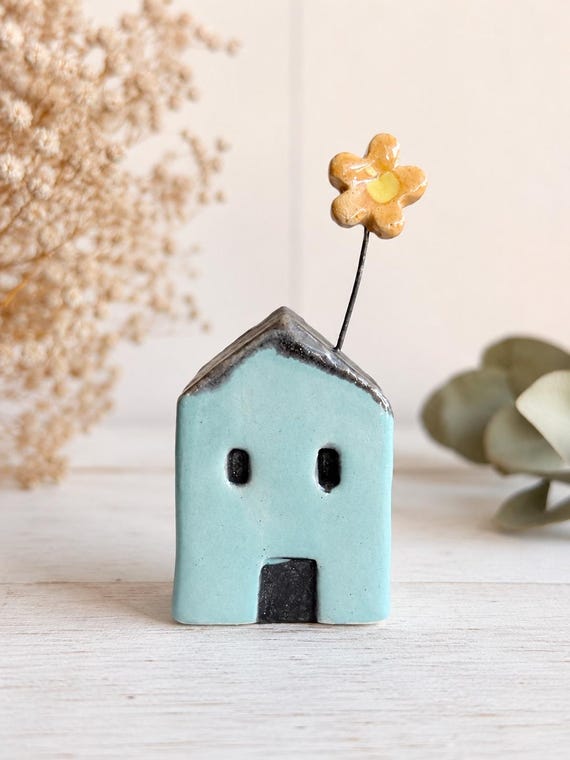 Handmade ceramic house with flower – small blue handcrafted decoration, poetic object for the home, original gift