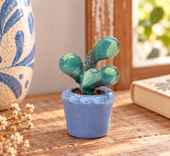 Handmade ceramic mini cactus, decorative succulent in a pot, small handcrafted sculpture, original gift