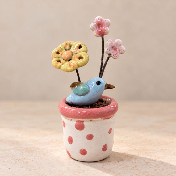 Ceramic vase with blue bird and flowers – Handmade miniature – Floral decoration – Original gift idea