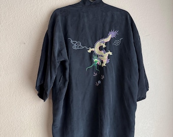 Vintage 1980s dark grey 100% silk Asia robe with embroidered dragon by begonia