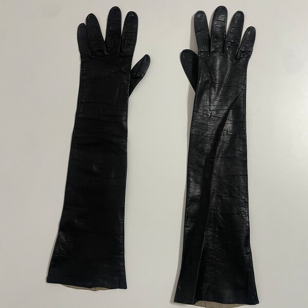 Vintage genuine leather elbow length women’s cocktail gloves made in France