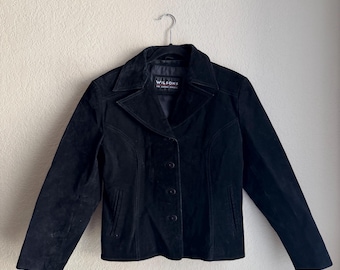 Vintage 2000’s black genuine suede leather button up collared tailored jacket by Wilson’s leather size medium