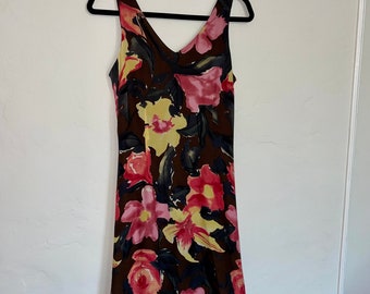Vintage 2000’s brown black pink and yellow floral silk sleeveless sheer overlay dress size 10