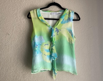 Vintage 2000’s green and blue 100% silk sleeveless floral beaded ruffle blouse size medium