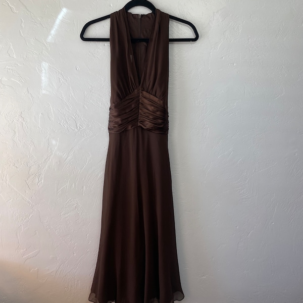 Vintage 2000’s chocolate brown real silk sleeveless tie back sheer overlay dress size 12