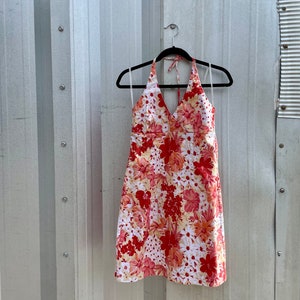 Vintage 1990’s City Triangles red and orange floral halter top stretchy mini dress size 12