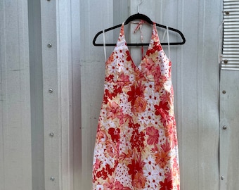 Vintage 1990’s City Triangles red and orange floral halter top stretchy mini dress size 12