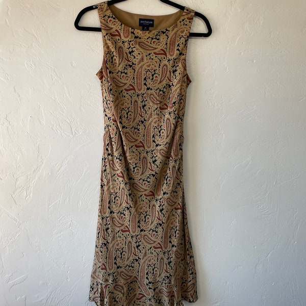 Vintage 2000’s real silk tan paisley print sleeveless dress size 8 petite Ann Taylor