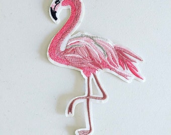 Flamingo embroidery patch - iron on- coral pink large
