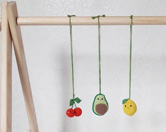 Baby gym toys 3 pc - rattles Play Gym,baby shower, fruits Play Gym,avocado cherry ,lemon,Baby Rattle, nursery decor,  crib toy