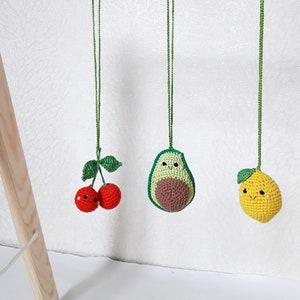 Baby gym toys 3 pc rattles Play Gym,baby shower, fruits Play Gym,avocado cherry ,lemon,Baby Rattle, nursery decor, crib toy image 2