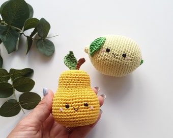 Yellow pear, lemon kawaii - Crochet fruits Rattle toys, kids toys, baby decor, kids gift, play Food Set, knitted fruit toy,  knitted pear