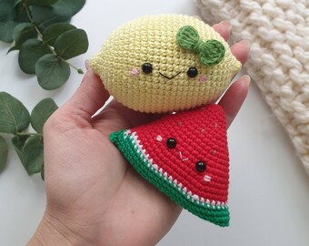 Crochet lemon and watermelon 2 pcs, Crochet fruits Rattle toys, kids toys, baby decor, kids gift, play Food Set, cute gift, lemon toy