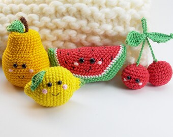 Crochet Fruit, set of 4 - lemon, pear, cherry, watermelon - crochet toys, eco-friendly,baby shower gift - RainbowHappiness