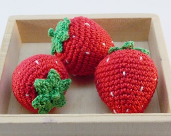 3 Piece- Crochet strawberry ,rattle,teether teeth, play food, kitchen decoration, eco-friendly toys, Pretend Play, Waldorf toys, Baby gift