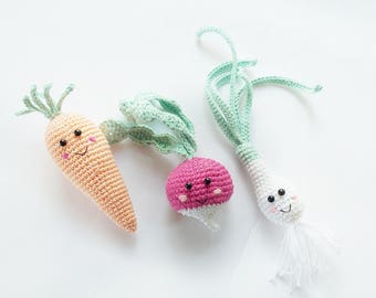 Crochet vegetable , ( 3Pc) -Toy  pastel colors,Baby Shower Gift, nursery decor, baby shower room decor,Vegetables with eyes.