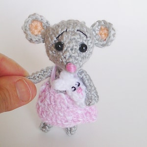 Amigurumi mouse grey pink,miniature mouse,ballerina mouse,tiny mouse,  little ballerina animal doll,  mouse with a rabbit.crochet tiny mouse