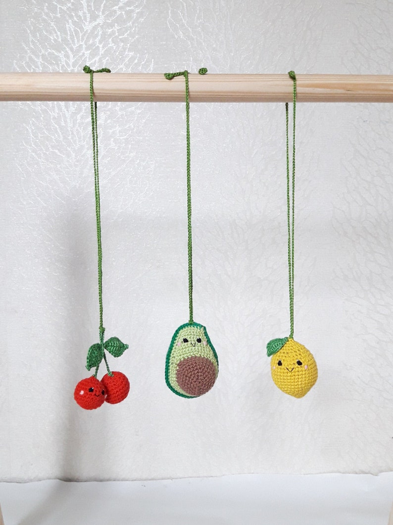 Baby gym toys 3 pc rattles Play Gym,baby shower, fruits Play Gym,avocado cherry ,lemon,Baby Rattle, nursery decor, crib toy image 4