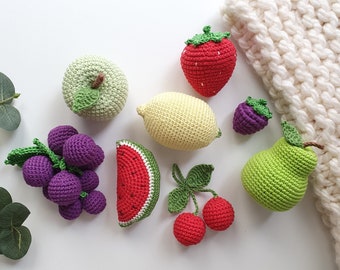 Crochet baby rattles fruit set 8 pieces-strawberry,BlackBerry, cherry, pear, Apple,grape ,lemon,watermelon,play food decor , Eco-friendly