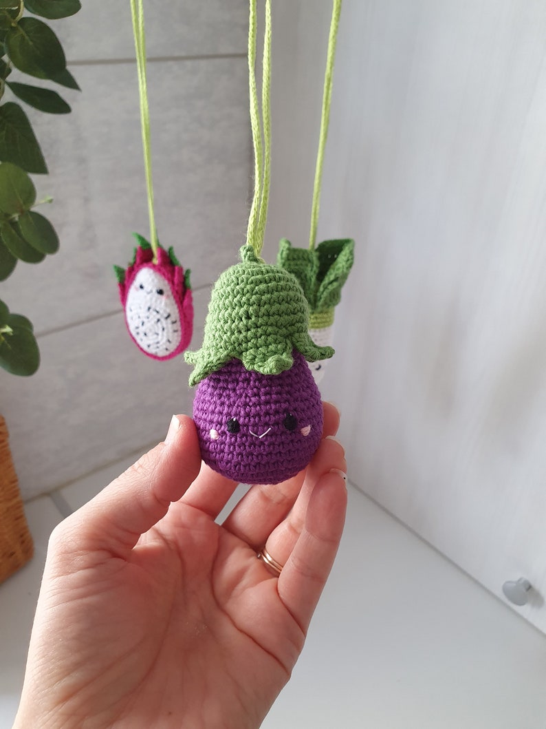 Eggplant Baby gym toys 1 pc rattles Play Gym,baby shower, vegetable gum toy, Baby Rattle, nursery decor, crib toy, crochet baby gum toy image 2