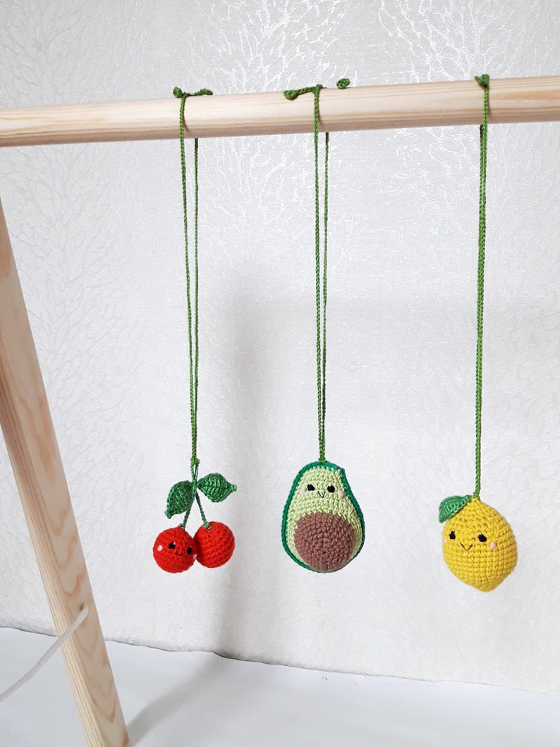 Baby gym toys 3 pc rattles Play Gym,baby shower, fruits Play Gym,avocado cherry ,lemon,Baby Rattle, nursery decor, crib toy image 2