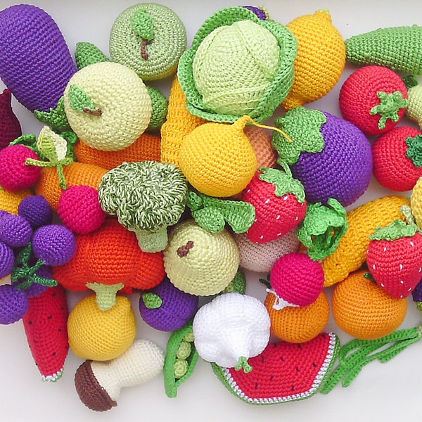 Crochet play food set (20 pcs), kitchen decor, vegetables and fruit ,Birthday Presents, Pretend play ,Summer Fun,Preschool Toys