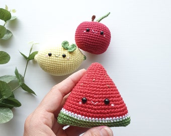 Crochet lemon ,watermelon, apple Crochet fruits Rattle toys, kids toys, baby decor, kids gift, play Food Set, cute gift, lemon toy