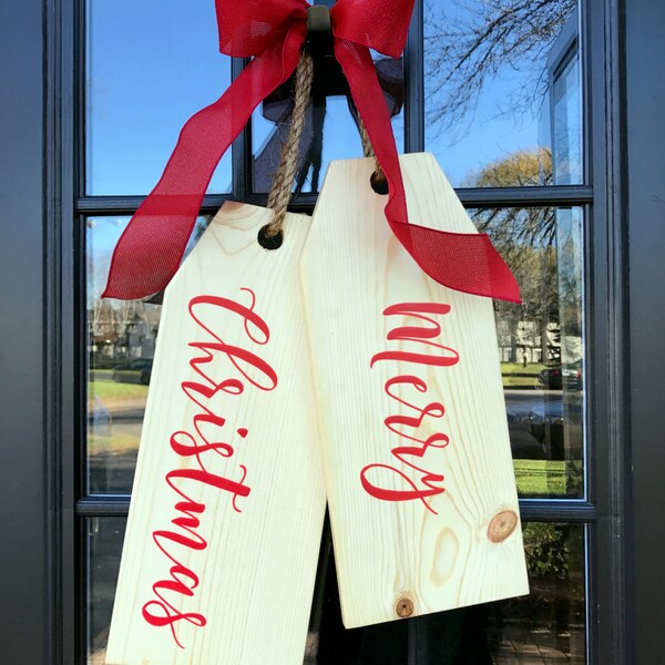 Merry Christmas Large Wood Door Tags Painted in a Beautiful Ribbon Font - Christmas Decoration - 0023