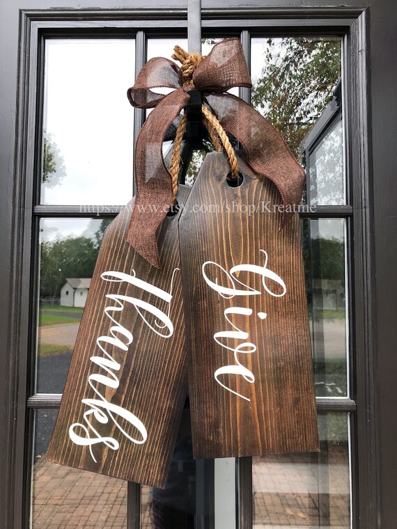 Large Wood Door Tags Door Hanger Give Thanks Hand Etsy