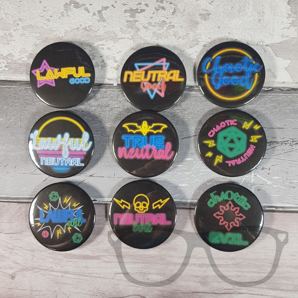 RPG alignment 58mm button badges, cyber punk neon lights style, Fantasy RPG alignment, players gift