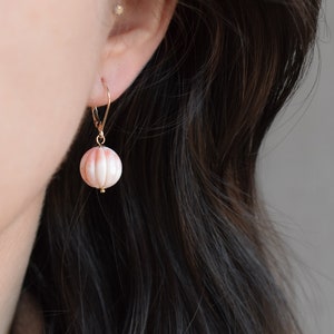 14K Yellow Gold Carved Coral Dangle Earrings, 14k Coral Earrings, Coral Jewelry, Angel Skin Coral Jewelry, Light Pink Dangle Earrings