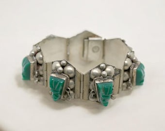 Vintage Taxco Green Onyx and Sterling Silver Bracelet Featuring