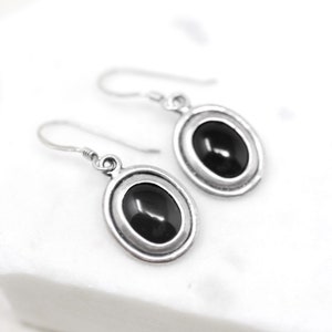 Sterling Silver Oval Onyx Dangle Earrings, Sterling Onyx Jewelry, Onyx Earrings, Black Gemstone Earrings, Simple Sterling Onyx Earrings