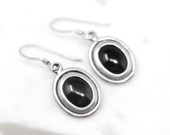 Sterling Silver Oval Onyx Dangle Earrings, Sterling Onyx Jewelry, Onyx Earrings, Black Gemstone Earrings, Simple Sterling Onyx Earrings