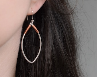 Sterling Silver and Copper Wrap Dangle Hoop Earrings, Mixed Metal Earrings, Silver and Copper Earrings, Marquise Earrings, Copper Jewelry