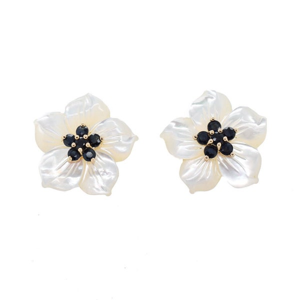 14k Yellow Gold Carved Mother of Pearl Shell and Sapphire Flower Earrings, 14k Sapphire Earrings, Carved Shell Flower Earrings