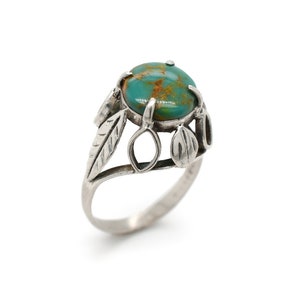 Silver Boho Turquoise Leaf Ring, Round Turquoise Ring, Boho Turquoise Jewelry, Silver Leaf Setting Turquoise Ring