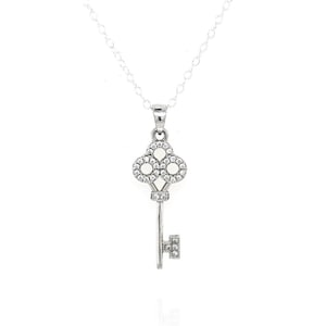 Sterling Silver Antique Shaped Gemstone Key Necklace, CZ Key Necklace, Sterling Silver Small Key Necklace, CZ Key to my Heart Necklace