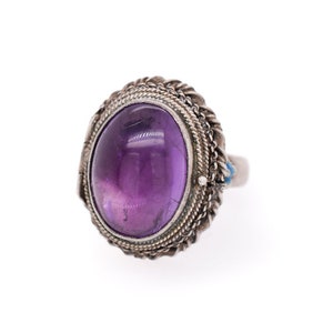 Antique 800 Silver Oval Amethyst Enamel Chinese Export Poison Ring, Chinese Export Jewelry, Antique Enamel Ring, Silver Buddha Ring