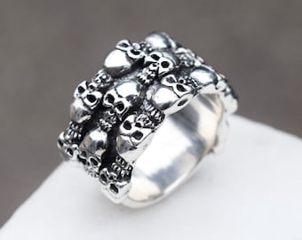 Wide Sterling Silver Skull Biker Ring, Sterling Skull Ring, Sterling Punk Jewelry, Sterling Silver Skull Ring, Skeleton Jewelry, Guy Ring